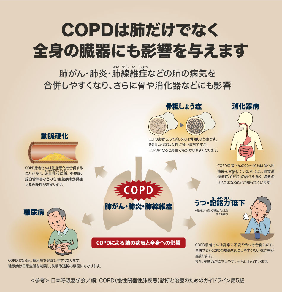 COPDは肺だけでなく全身の臓器にも影響を与えます